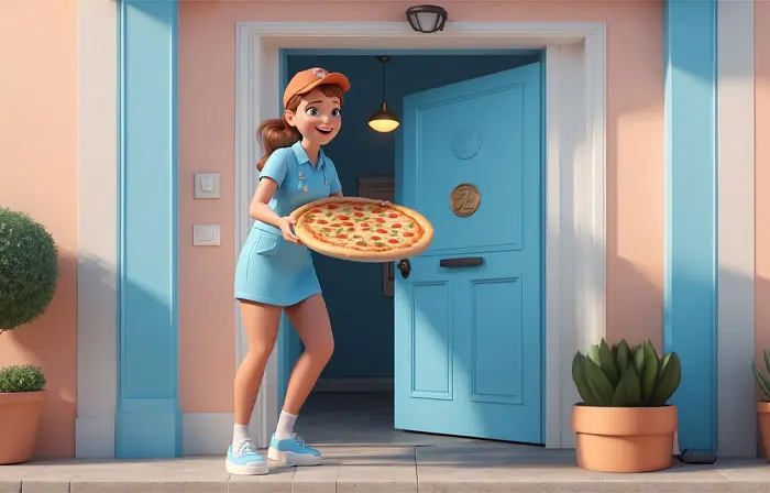 Pizza Delivery Girl at Door Step 3D Art Character Design Illustration